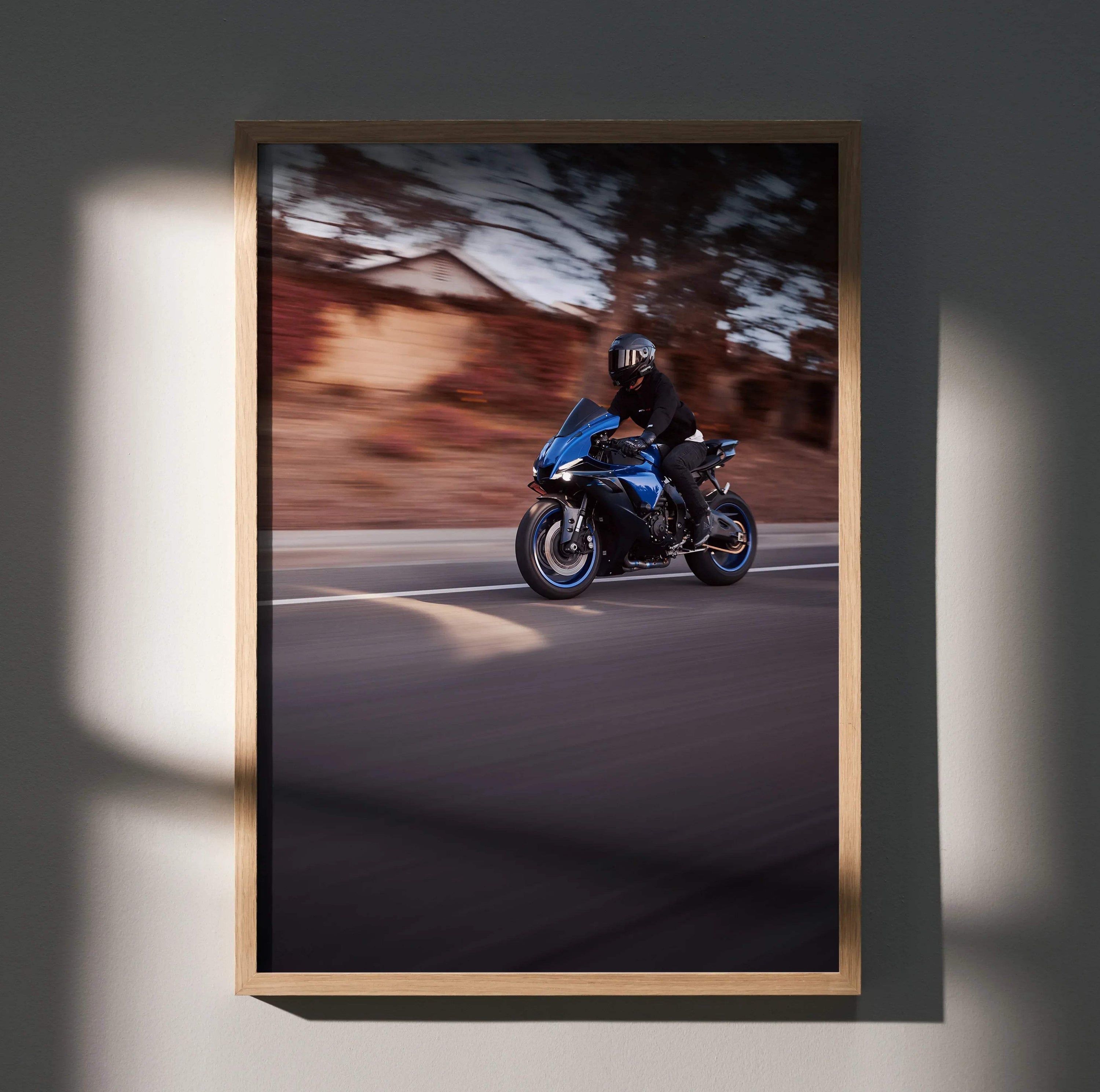 Biker Poster #048 - Male | Bell Race Star DLX Flex Helmet | Yamaha R1 Motorcycle | Rolling Shot - Throttle Designs