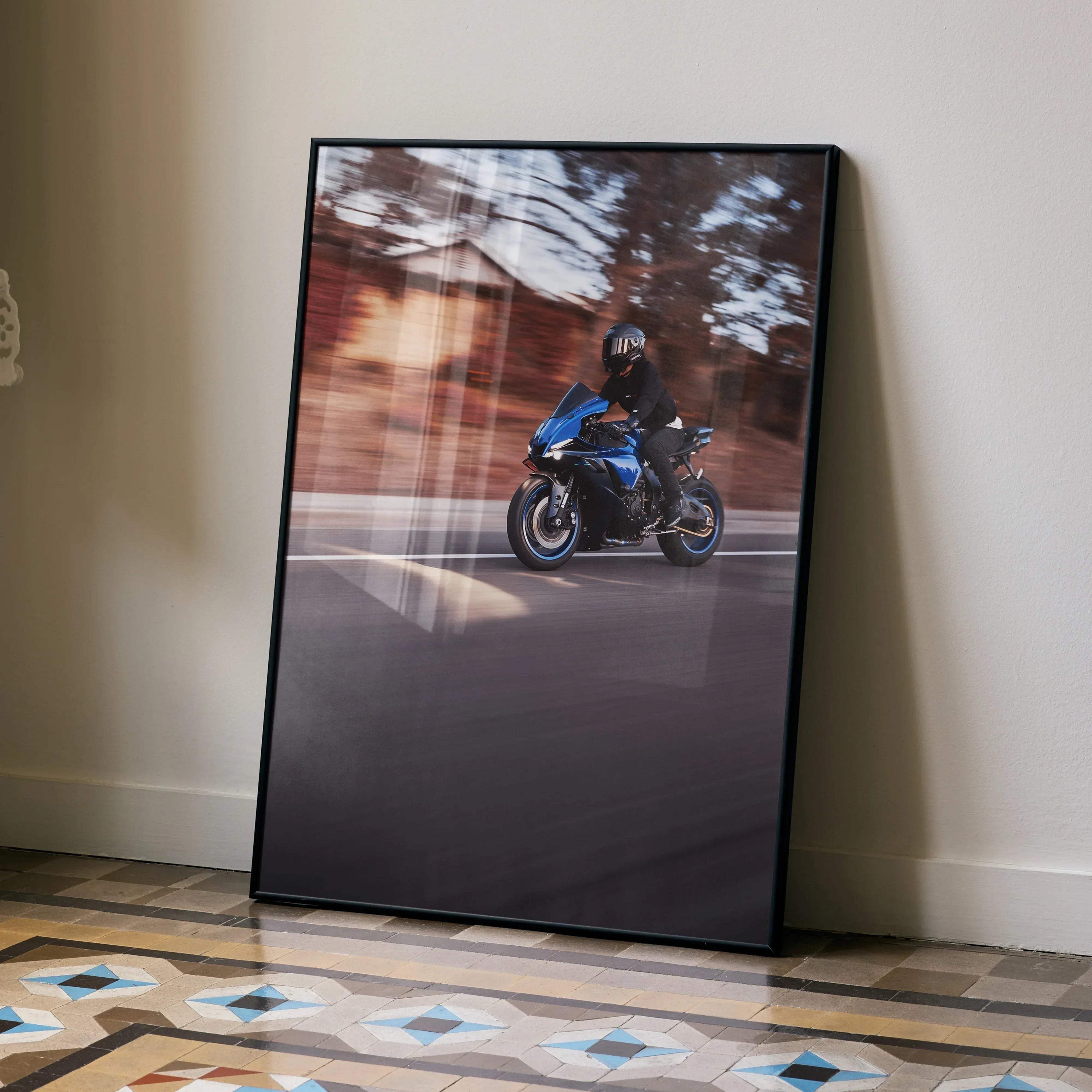 Biker Poster #048 - Male | Bell Race Star DLX Flex Helmet | Yamaha R1 Motorcycle | Rolling Shot - Throttle Designs