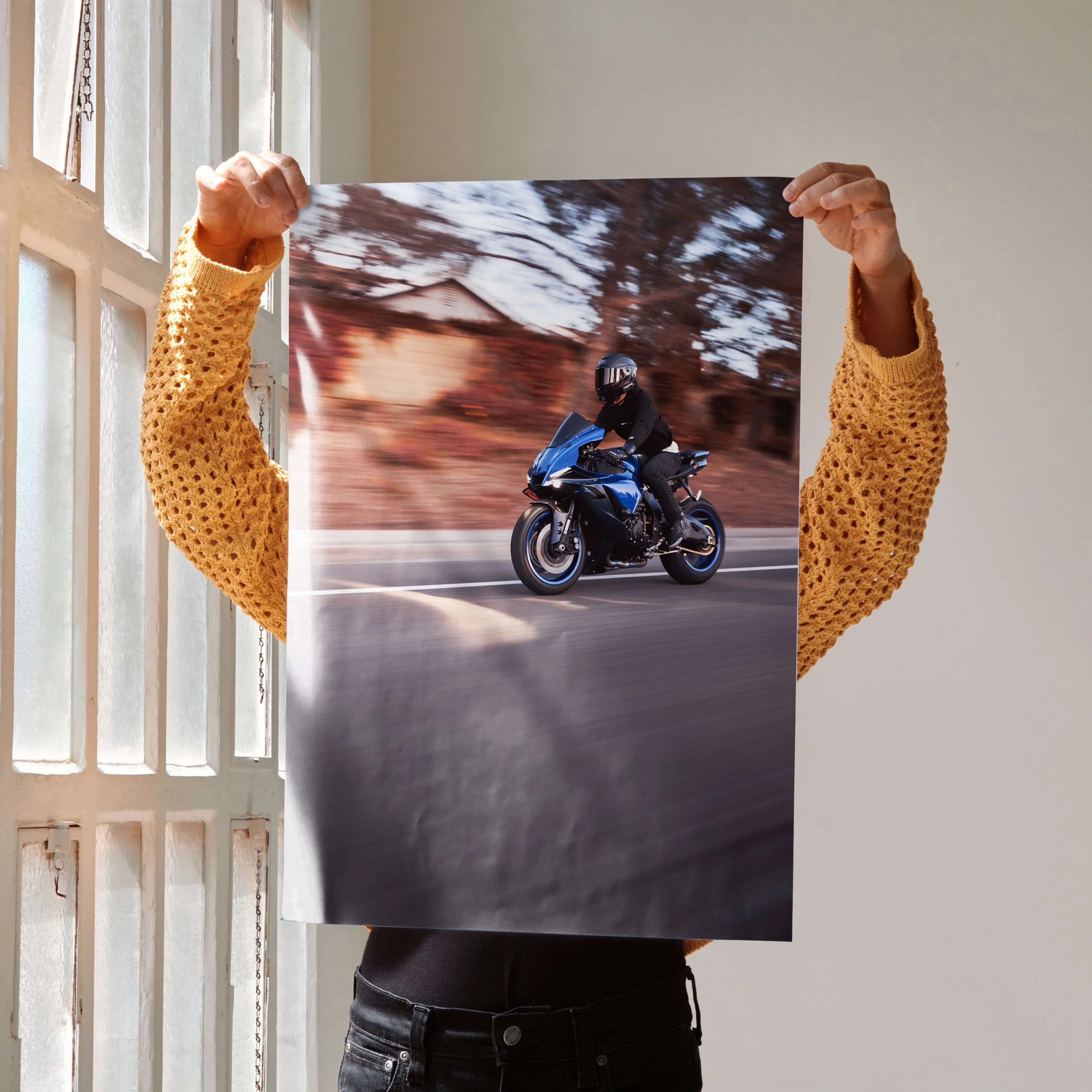 Yamaha R1 motorcycle riding on street poster wall art with motion blur background.