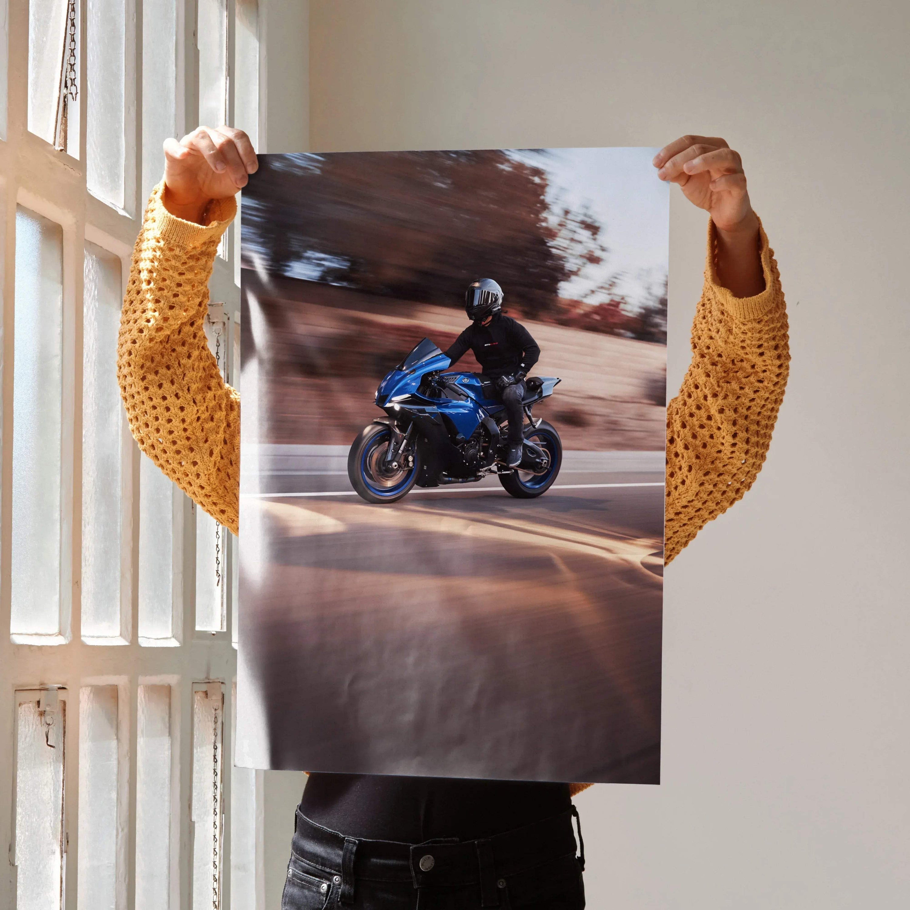 Biker Poster #049 - Male | Bell Race Star DLX Flex Helmet | Yamaha R1 Motorcycle | Rolling Shot - Throttle Designs