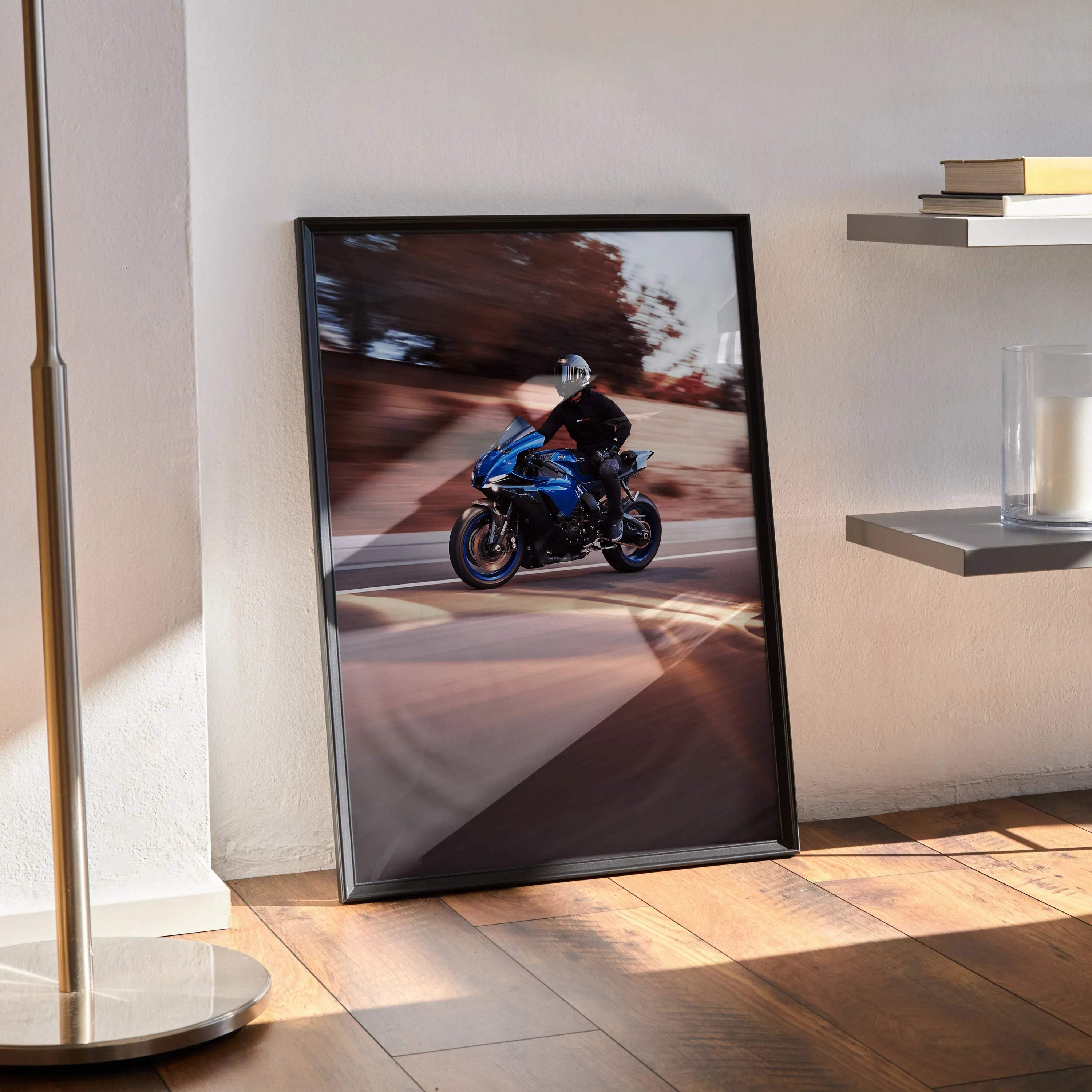 Biker Poster #049 - Male | Bell Race Star DLX Flex Helmet | Yamaha R1 Motorcycle | Rolling Shot - Throttle Designs
