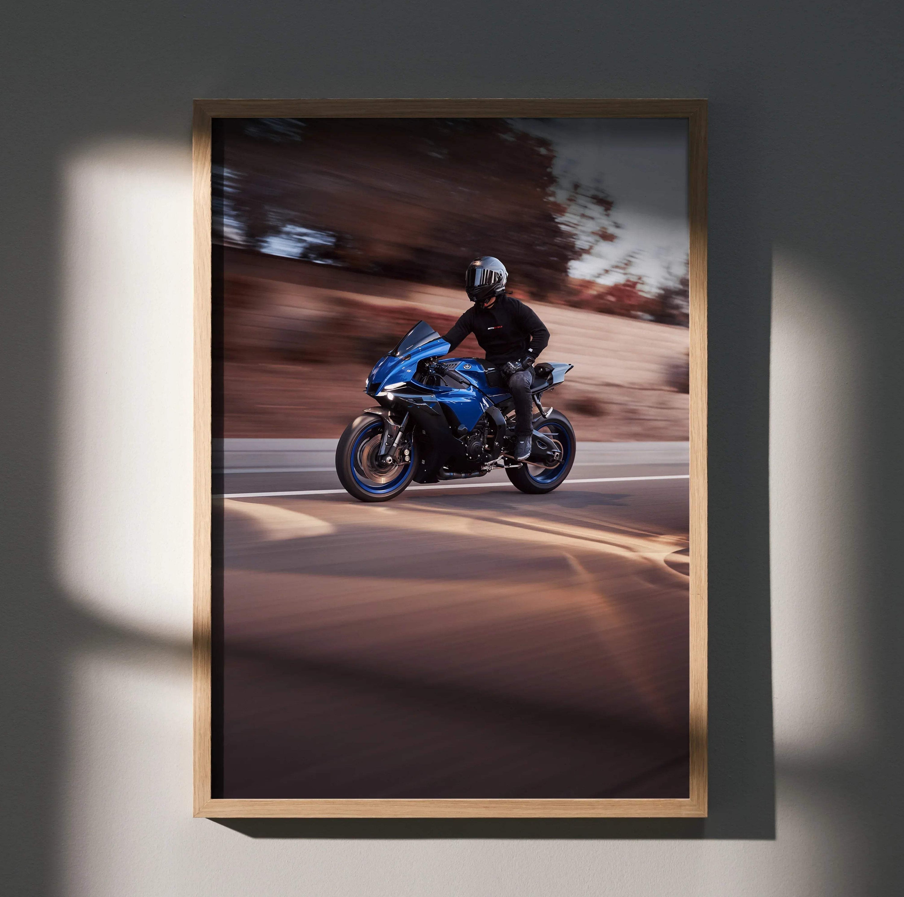 Biker Poster #049 - Male | Bell Race Star DLX Flex Helmet | Yamaha R1 Motorcycle | Rolling Shot - Throttle Designs