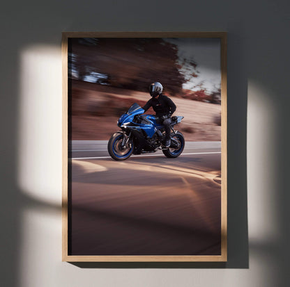 Biker Poster #049 - Male | Bell Race Star DLX Flex Helmet | Yamaha R1 Motorcycle | Rolling Shot - Throttle Designs