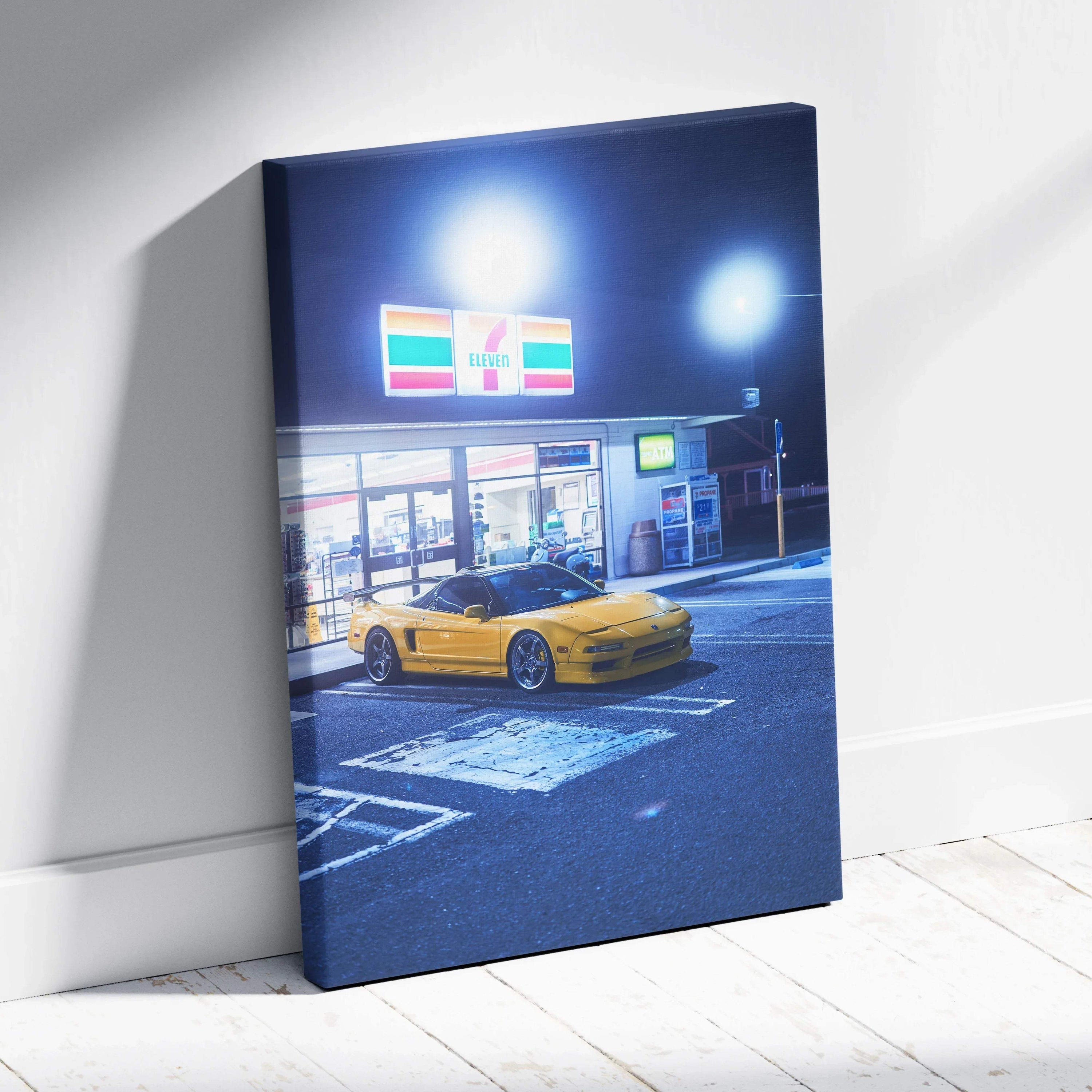 Canvas art of a yellow Acura NSX parked at a brightly lit 7-Eleven at night, vertical wall art.