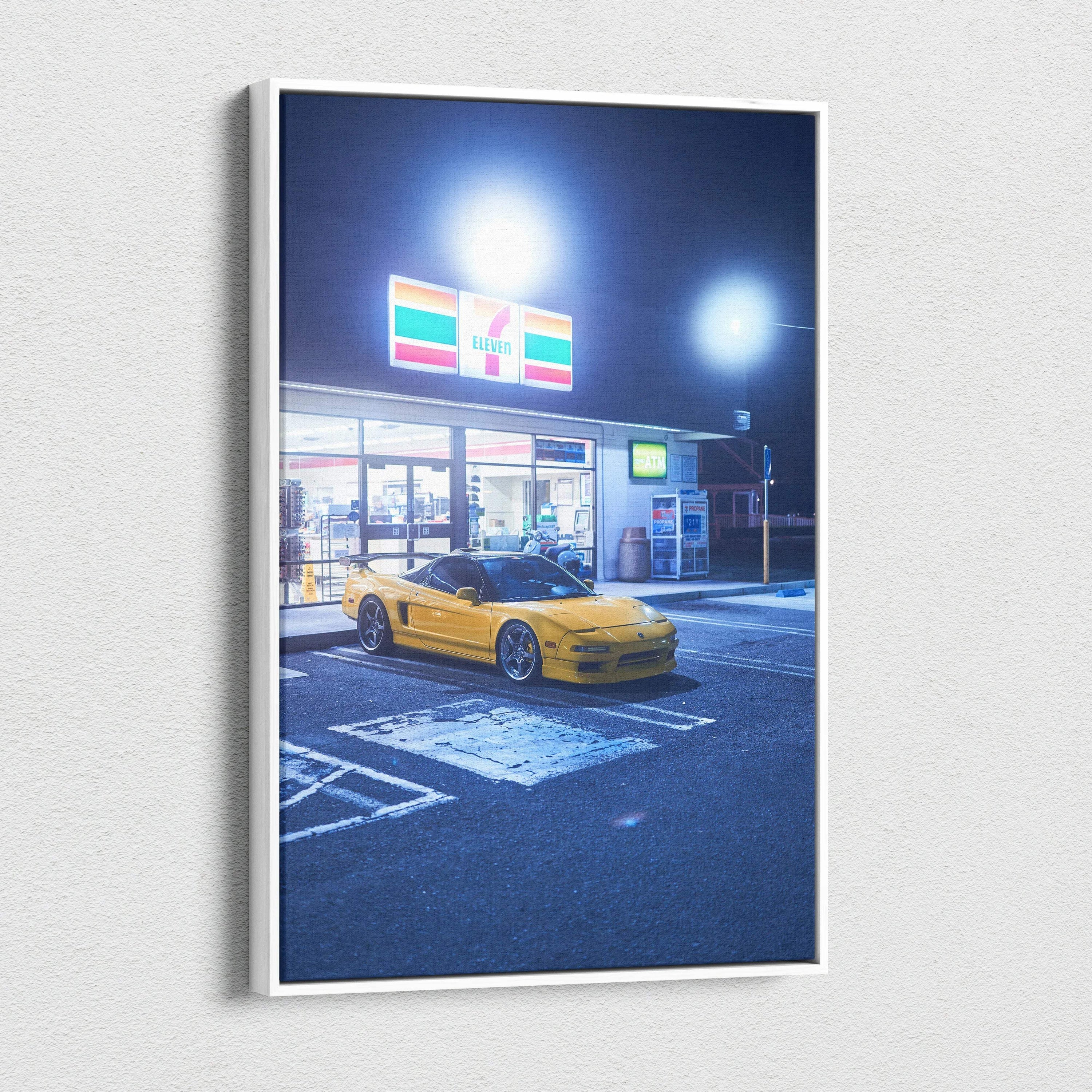 Acura NSX yellow sports car at night outside convenience store canvas wall art.