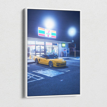 Acura NSX yellow sports car at night outside convenience store canvas wall art.