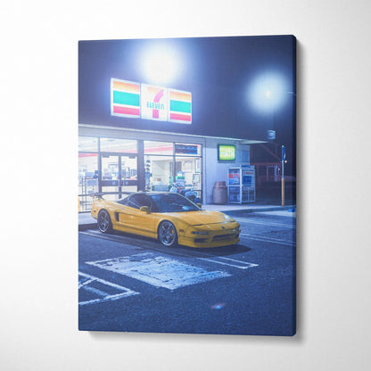 Vertical canvas art featuring a bright yellow Acura NSX parked at a glowing 7-Eleven late at night, museum-quality wall art.