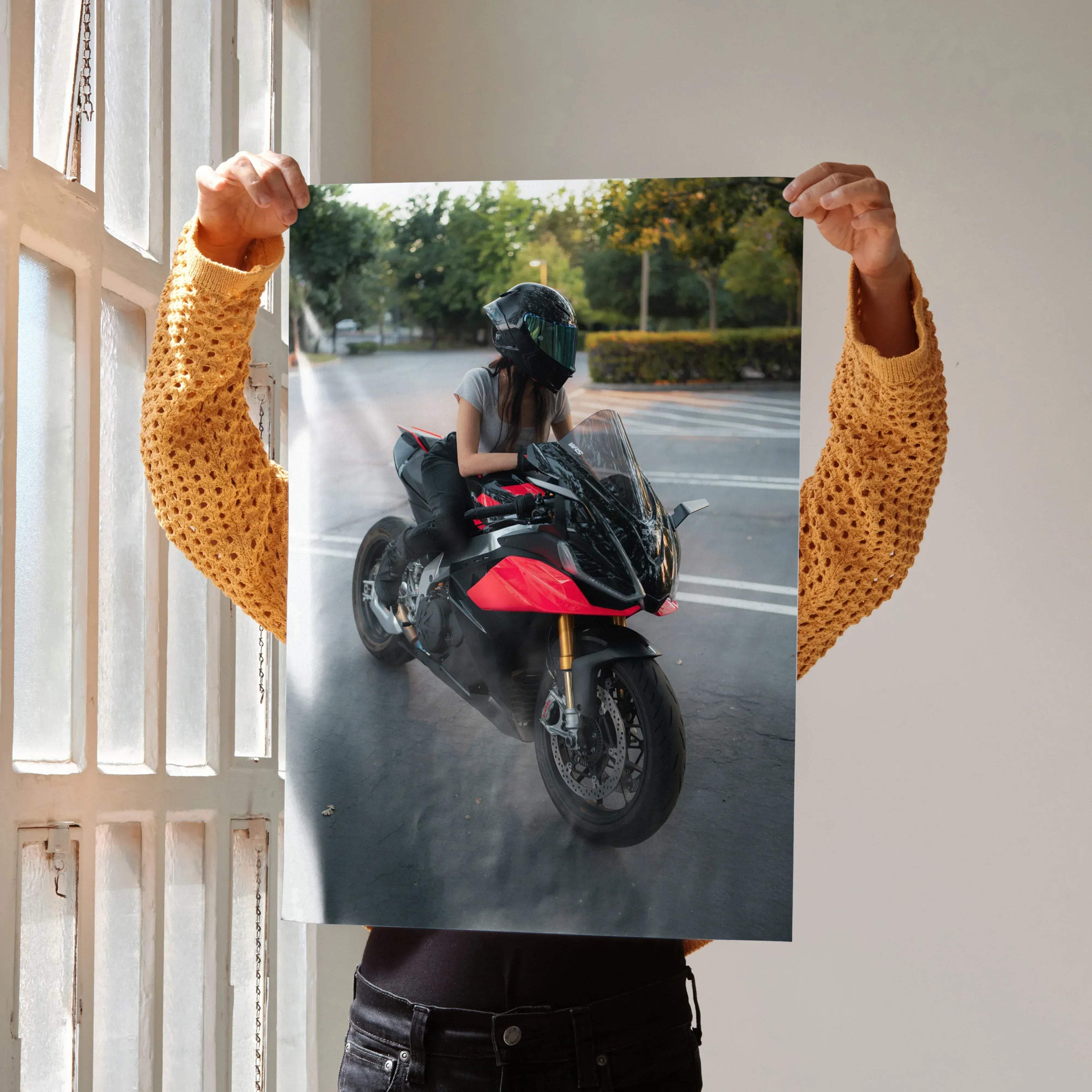 A vibrant red and black Aprilia RSV4 sport motorcycle with a sleek aerodynamic design featured in biker poster 108