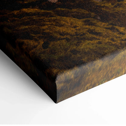 Close-up of thick canvas print showing textured surface with dark brown and gold tones of Iceland waterfall art piece.