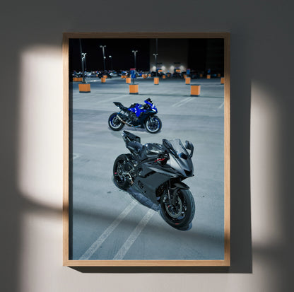 Yamaha R1 and R6 motorcycles poster with blue and black bikes on asphalt, framed wall art.