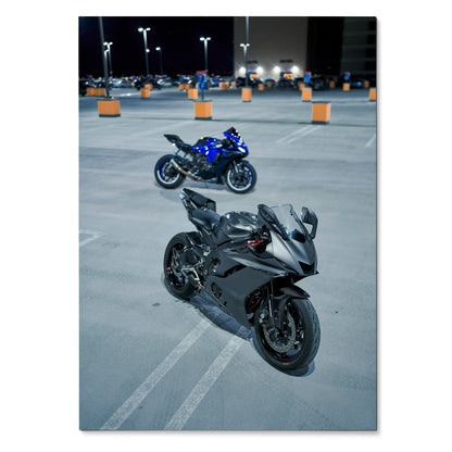 Yamaha R1 and R6 motorcycles in parking lot at night poster wall art.