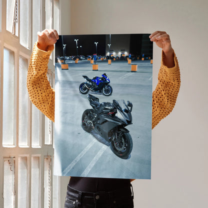 Poster of Yamaha R1 and R6 motorcycles in a parking lot, sleek blue and black sportbike wall art.