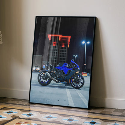 Yamaha R1 motorcycle night city scene poster leaning on wall high-quality wall art.