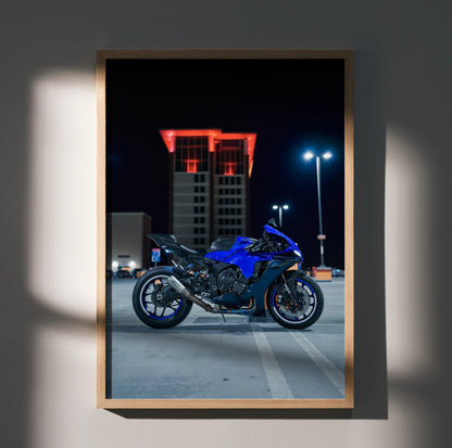 Yamaha R1 motorcycle poster in vibrant blue, modern street night scene wall art.