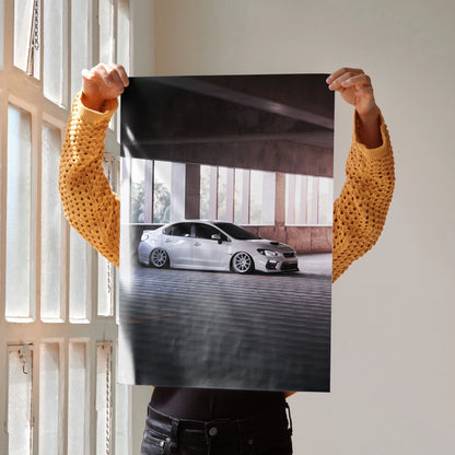 Subaru WRX sleek silver car printed on automotive poster wall art with urban background.