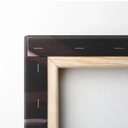Close-up of wooden frame and black stretched canvas corner showcasing museum-quality wall art canvas texture.
