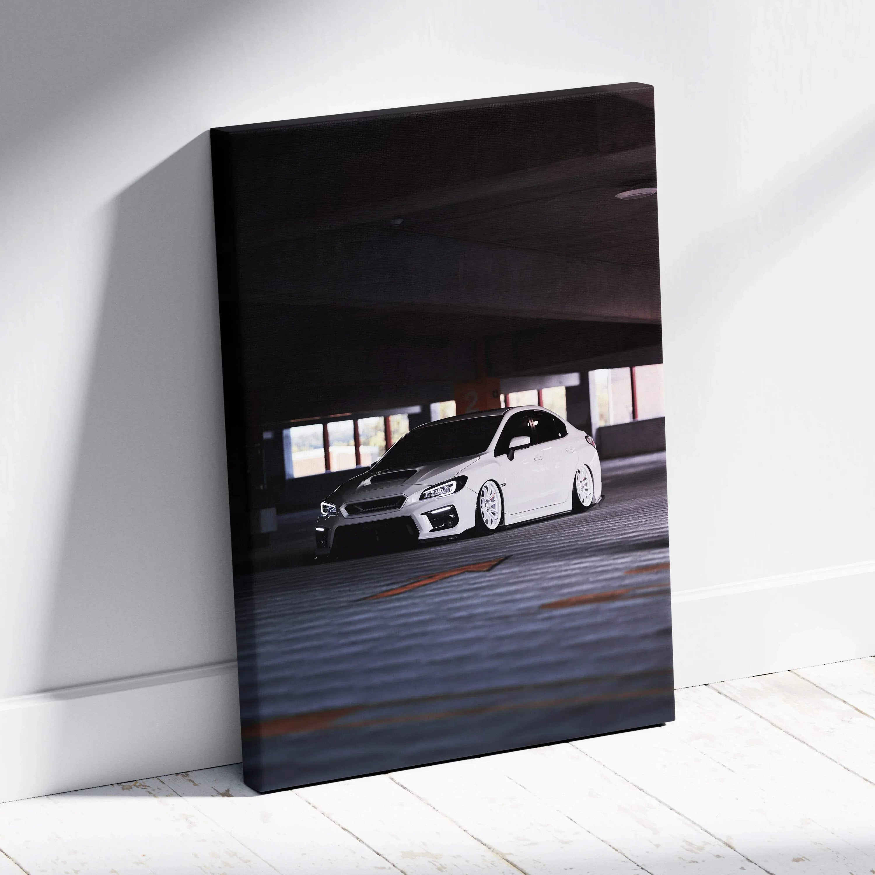 Subaru WRX in dark parking garage vertical canvas art wall decor.