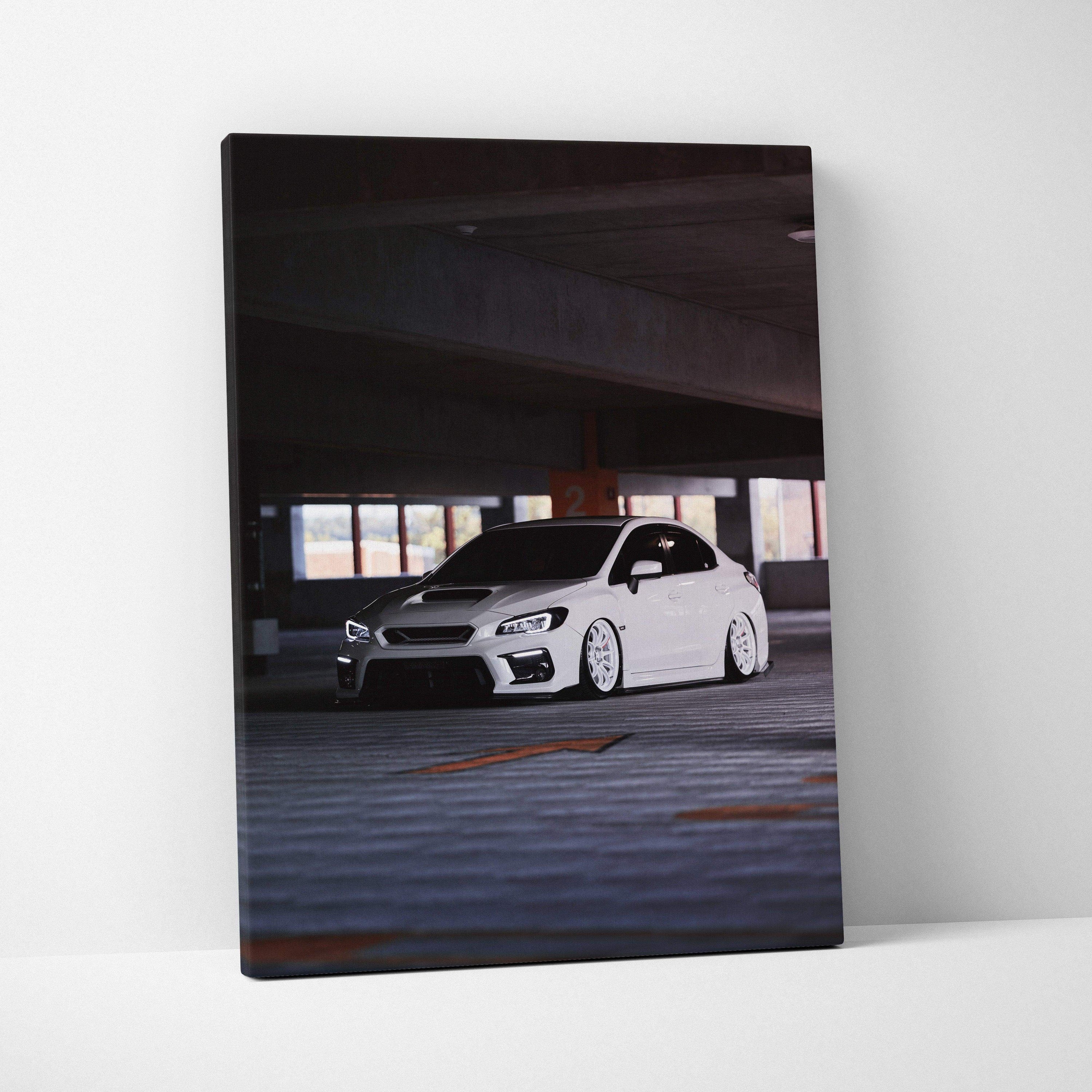 Subaru WRX parked in dim garage high resolution vertical canvas wall art print.