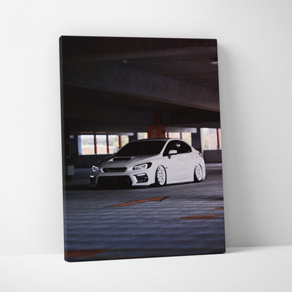 Subaru WRX parked in dim garage high resolution vertical canvas wall art print.