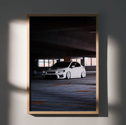 Subaru WRX white car parked in shadowed garage poster wall art in wooden frame.
