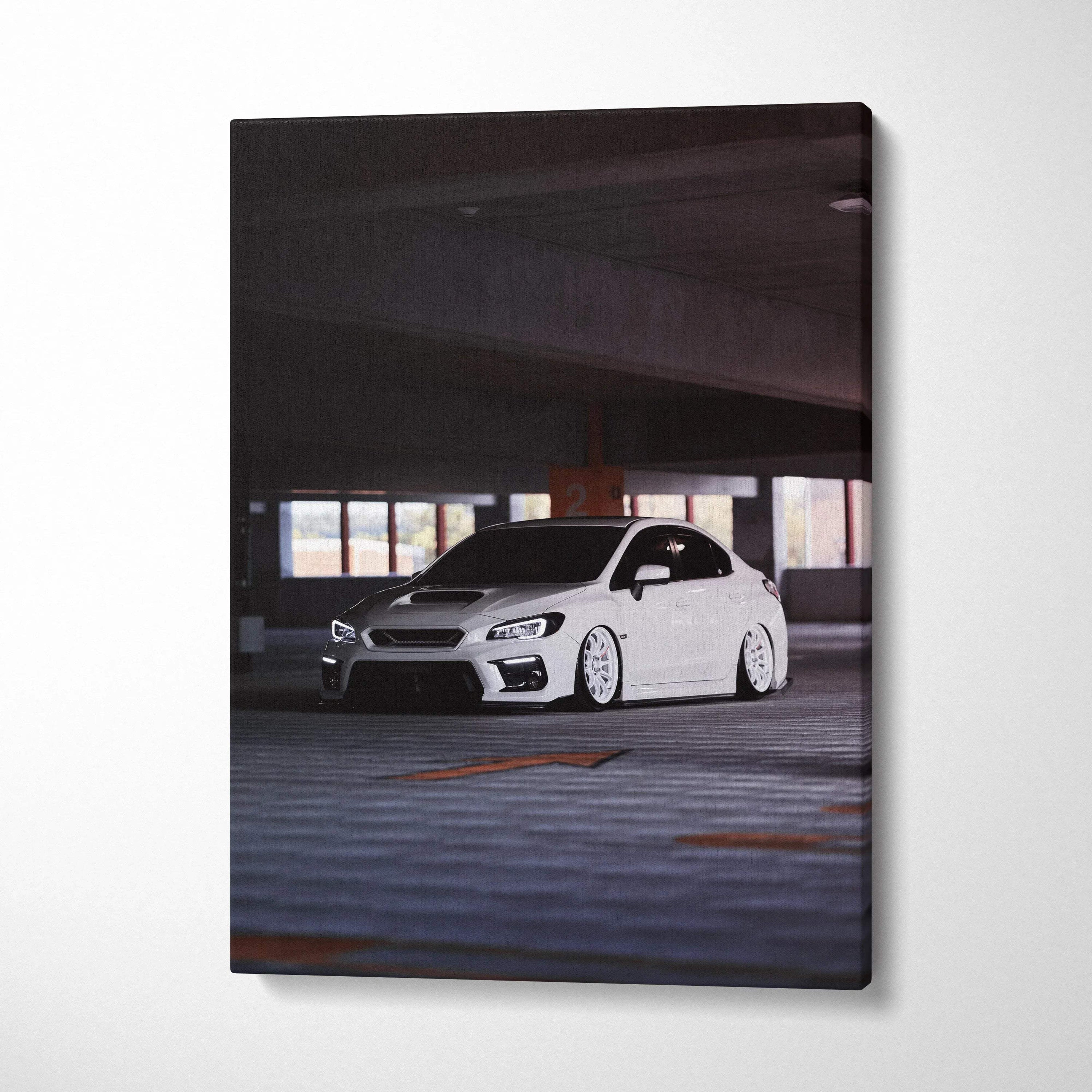 Vertical canvas wall art featuring a white Subaru WRX in an urban parking garage, high-resolution car art.
