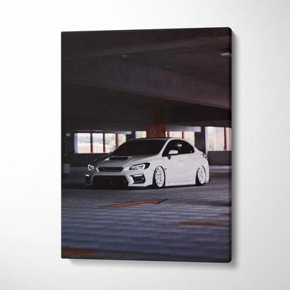 Vertical canvas wall art featuring a white Subaru WRX in an urban parking garage, high-resolution car art.