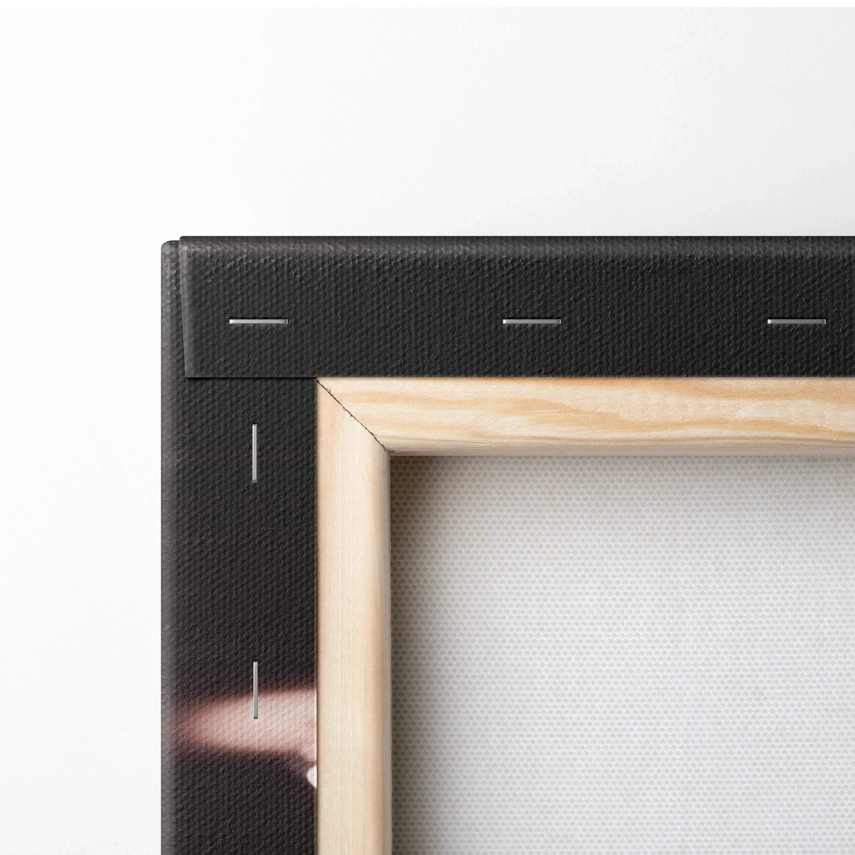 Close-up of wooden framed canvas wall art with black printed edge and visible staples on the back.
