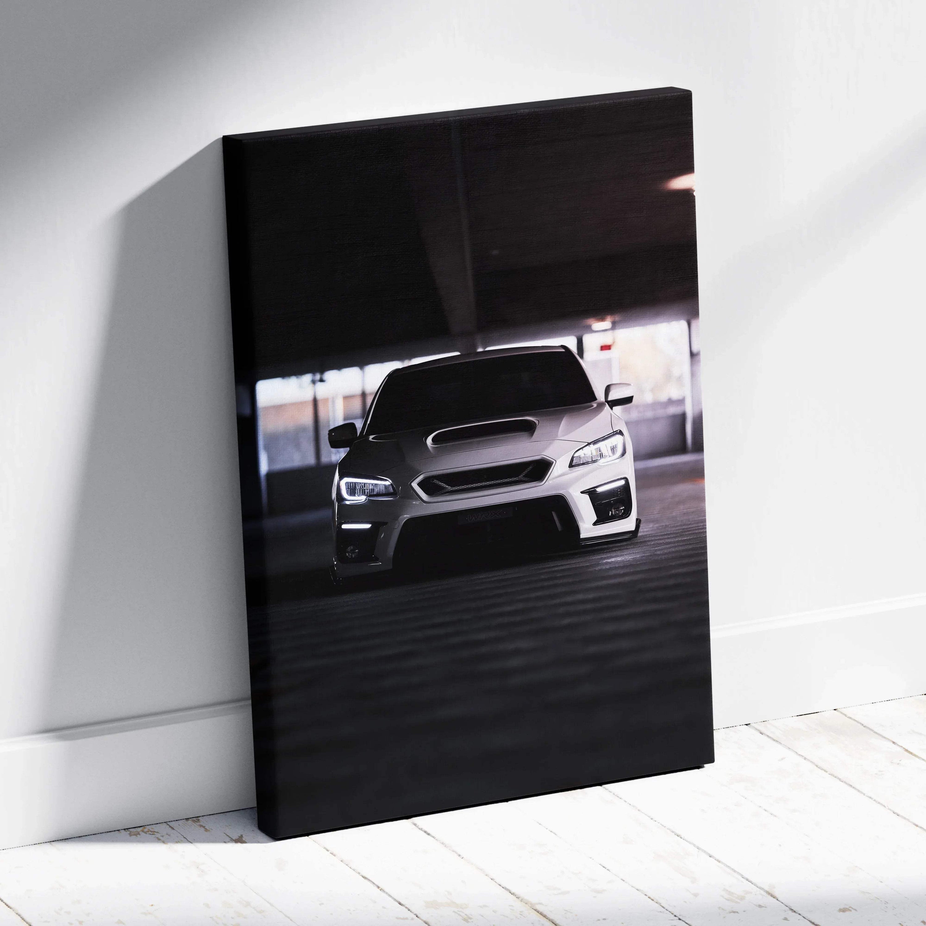 Subaru WRX front view canvas art with high contrast lighting, vertical wall art print.