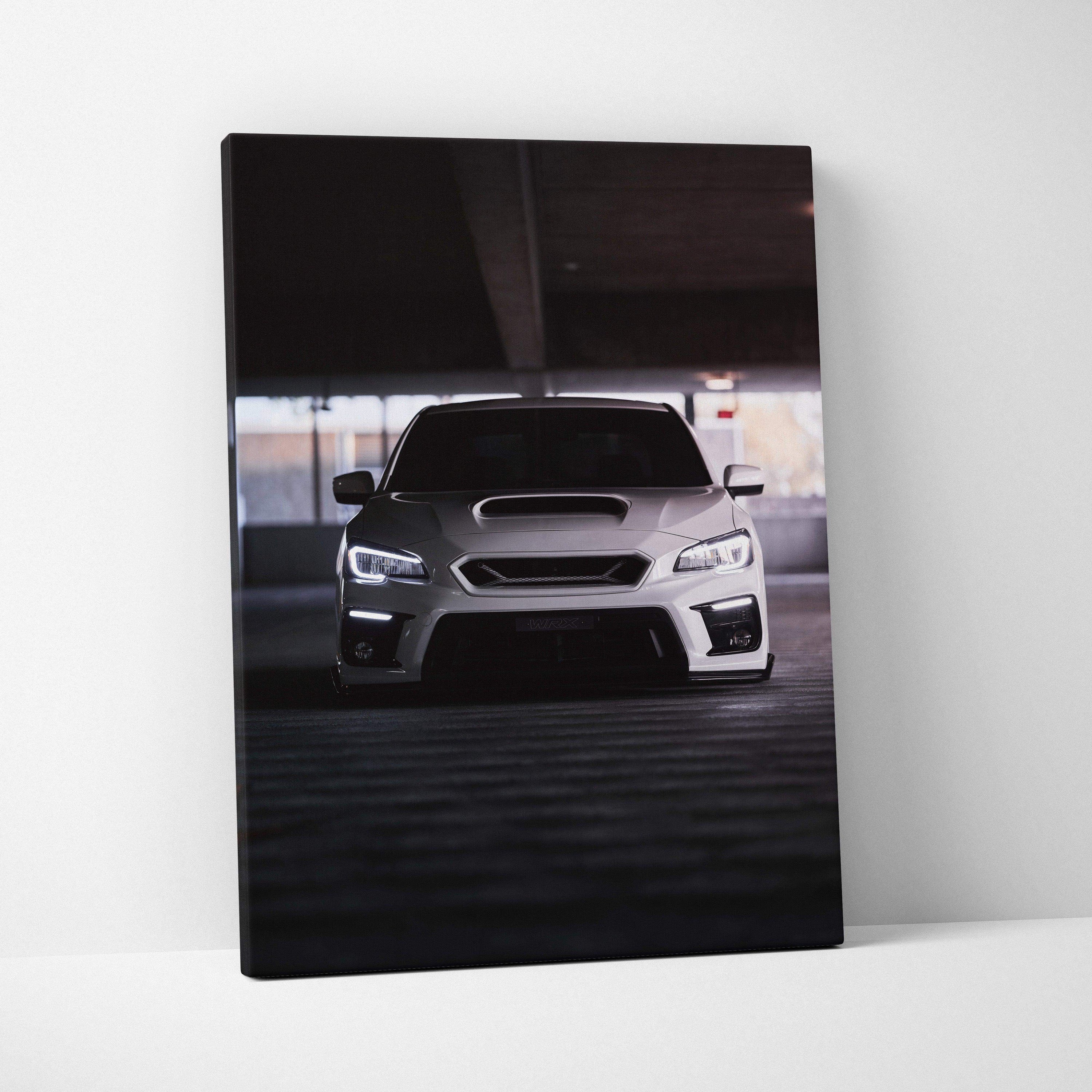 Subaru WRX front view under dim lighting on vertical canvas wall art with high resolution details.