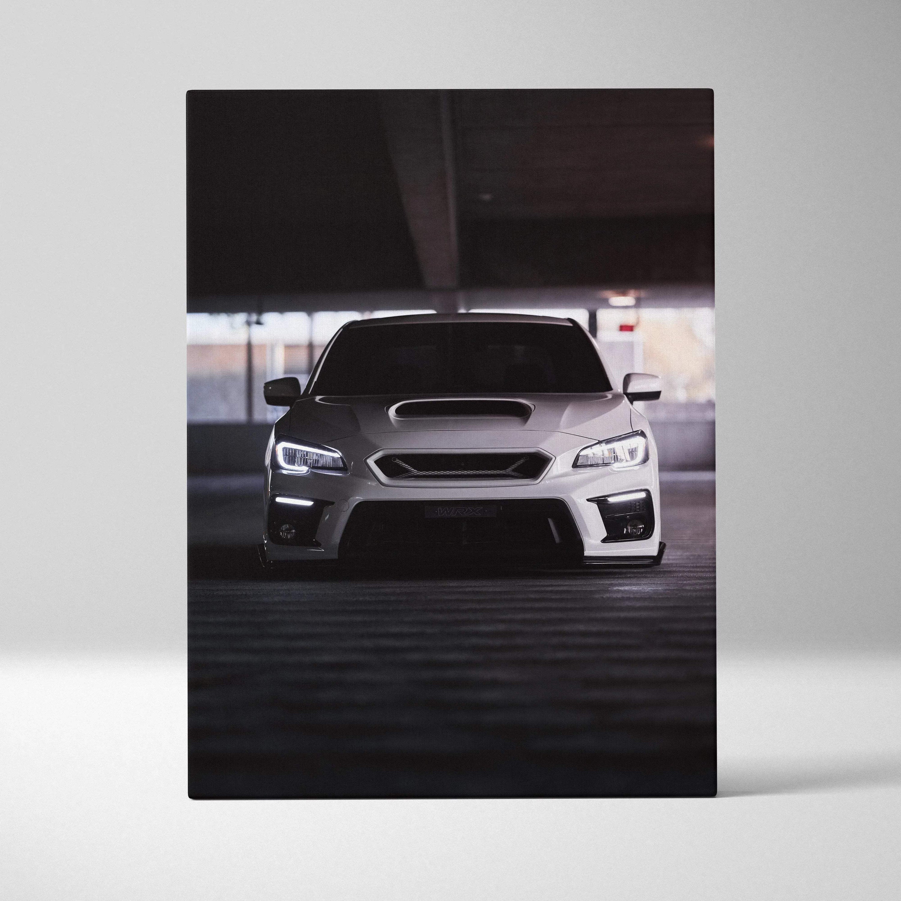 Subaru WRX front view canvas art with dark urban background vertical wall art.