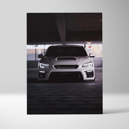 Subaru WRX front view canvas art with dark urban background vertical wall art.