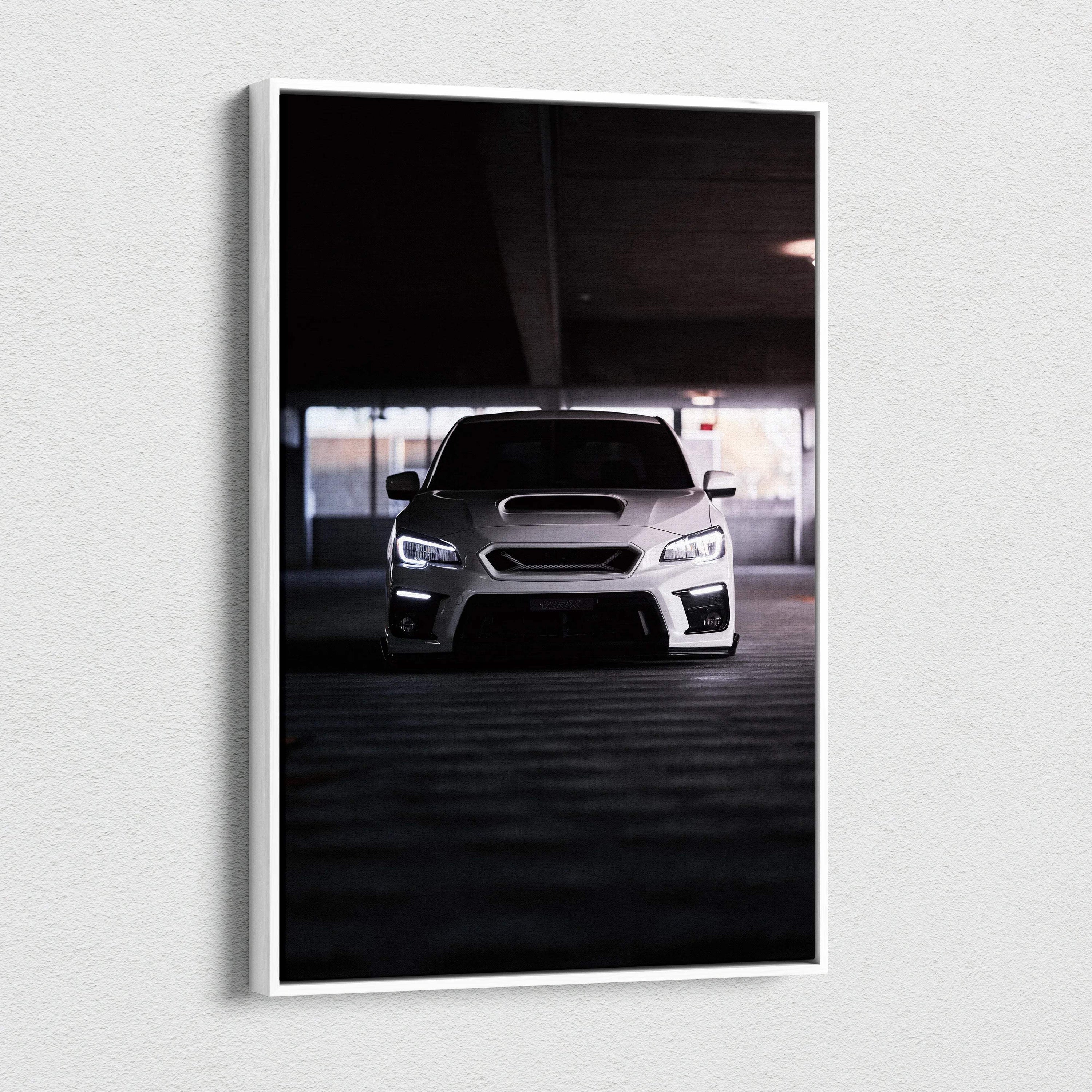 Subaru WRX front view car canvas wall art with dark moody tones, vertical canvas print.
