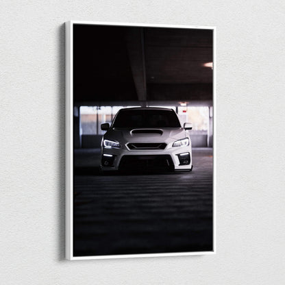 Subaru WRX front view car canvas wall art with dark moody tones, vertical canvas print.