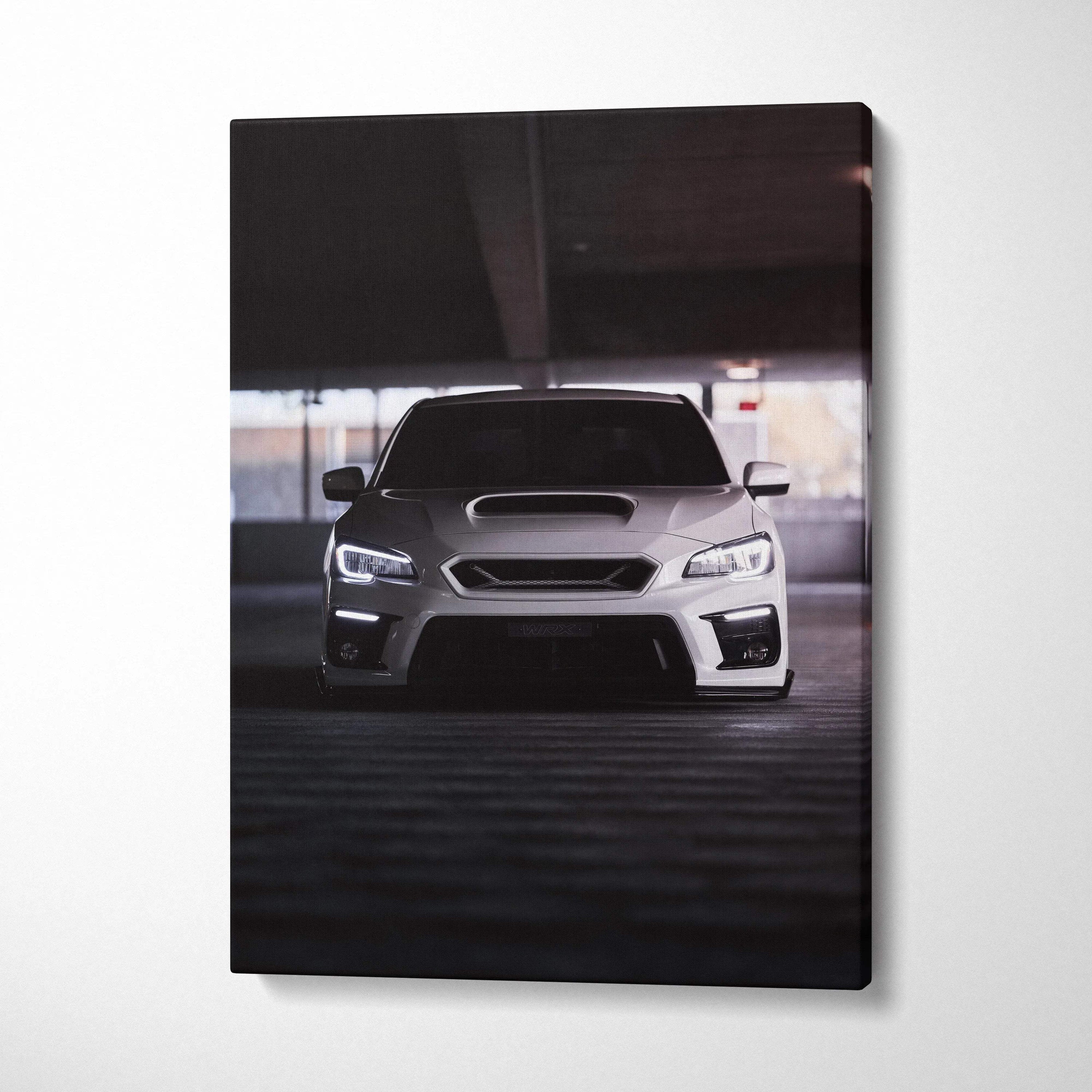Subaru WRX front view on vertical canvas wall art with dark tones and sharp details.