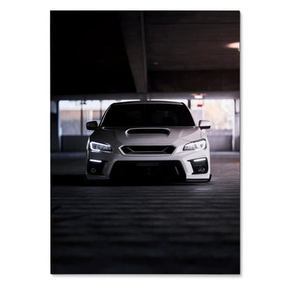 Subaru WRX front view poster with illuminated headlights in dark parking garage wall art.