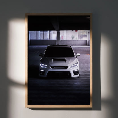 White Subaru WRX front view poster with dark moody lighting, high resolution wall art.