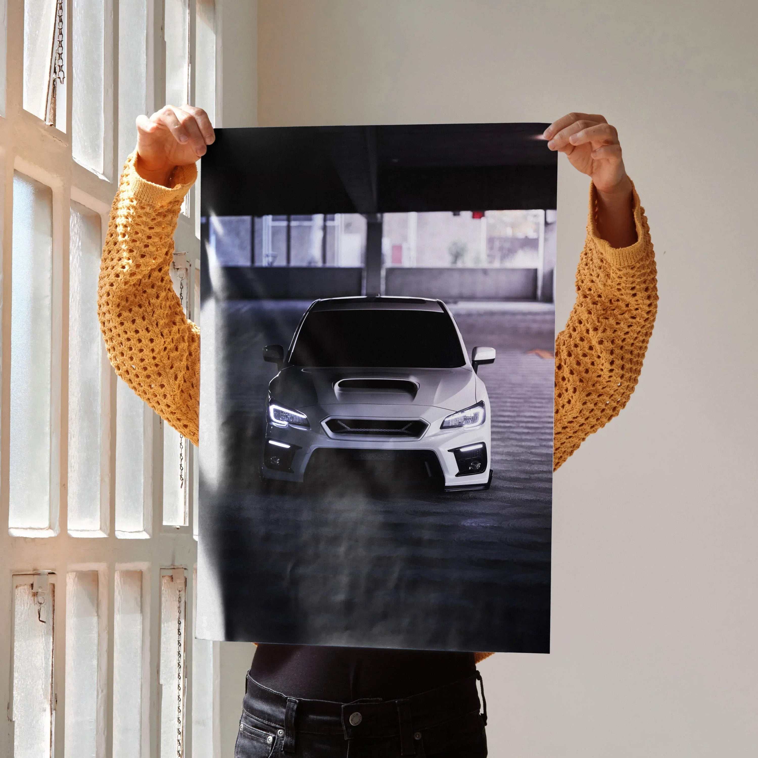 Subaru WRX front view poster with sleek silver car in dark urban setting wall art.