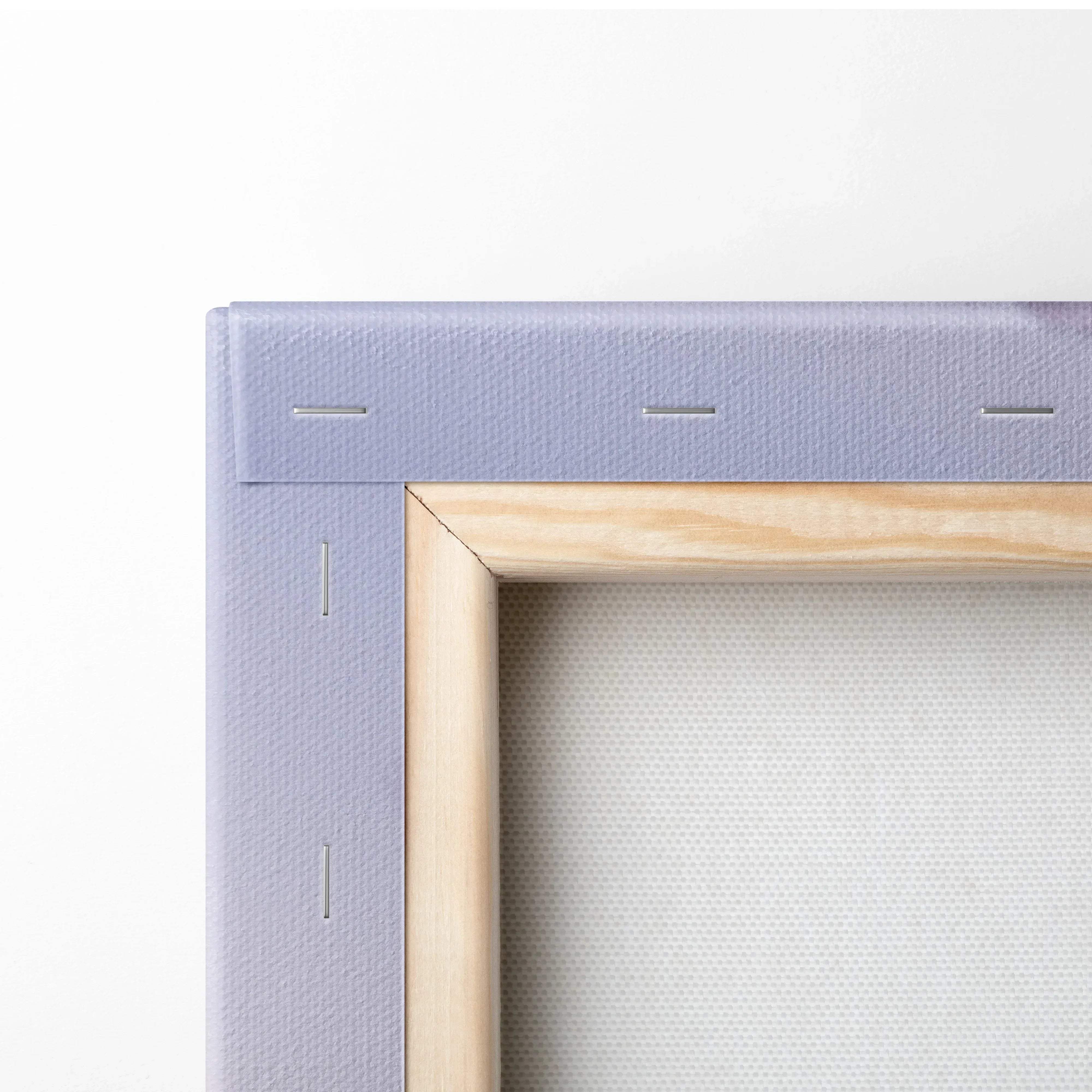 Light purple canvas wall art with natural wood frame featuring modern automotive vertical Subaru WRX print
