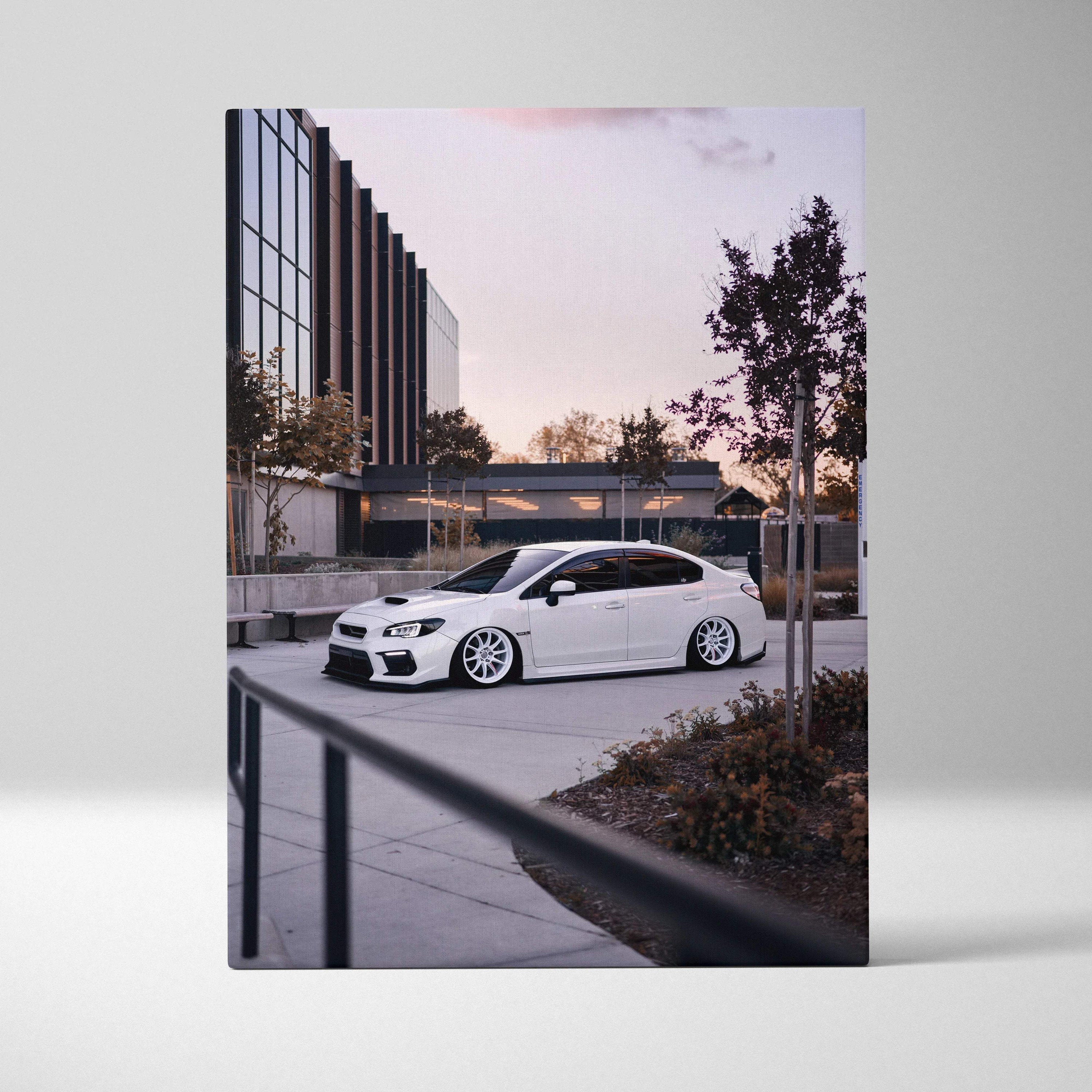 Subaru WRX white car canvas art with modern building background vertical wall art.