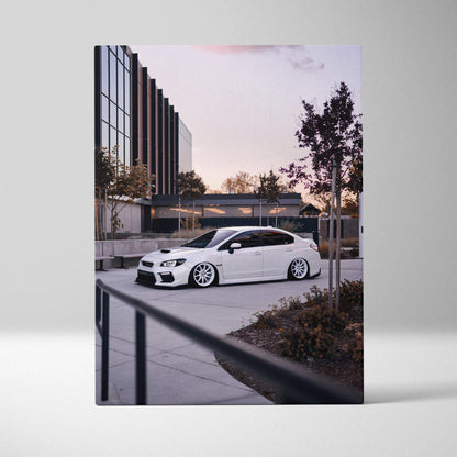 Subaru WRX white car canvas art with modern building background vertical wall art.