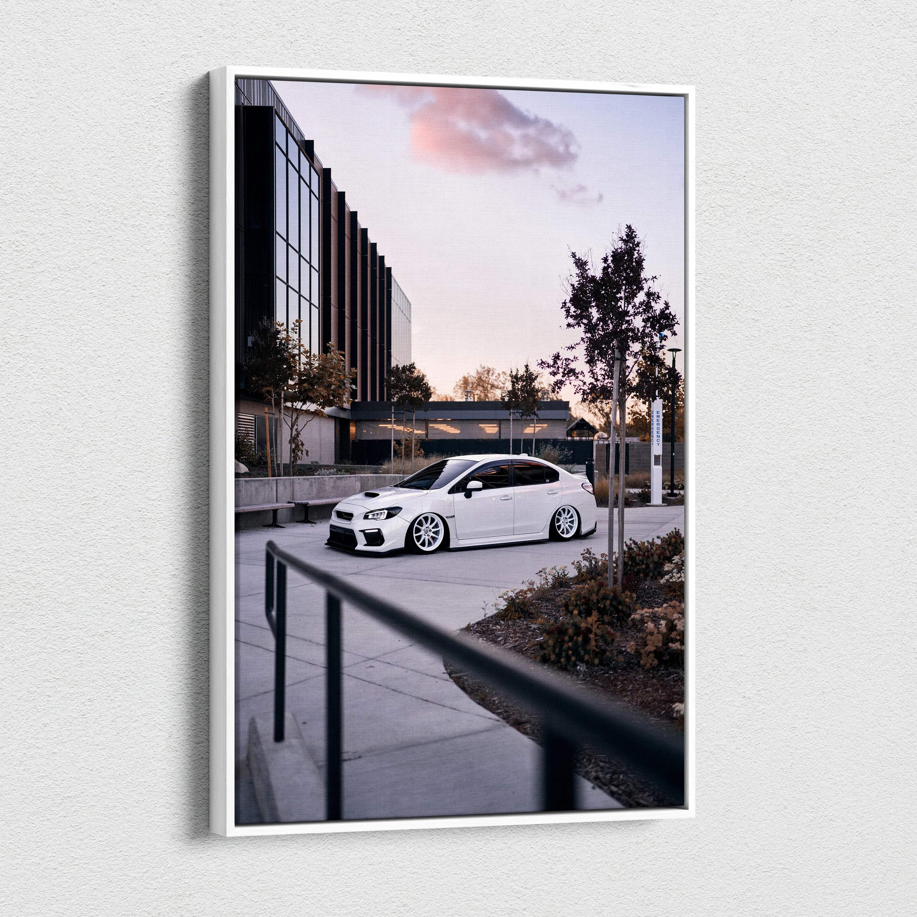 Subaru WRX white car parked outside modern building vertical canvas wall art print.