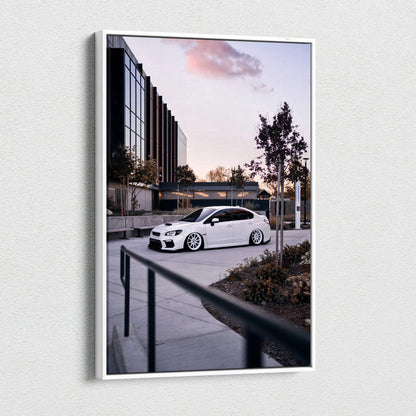 Subaru WRX white car parked outside modern building vertical canvas wall art print.