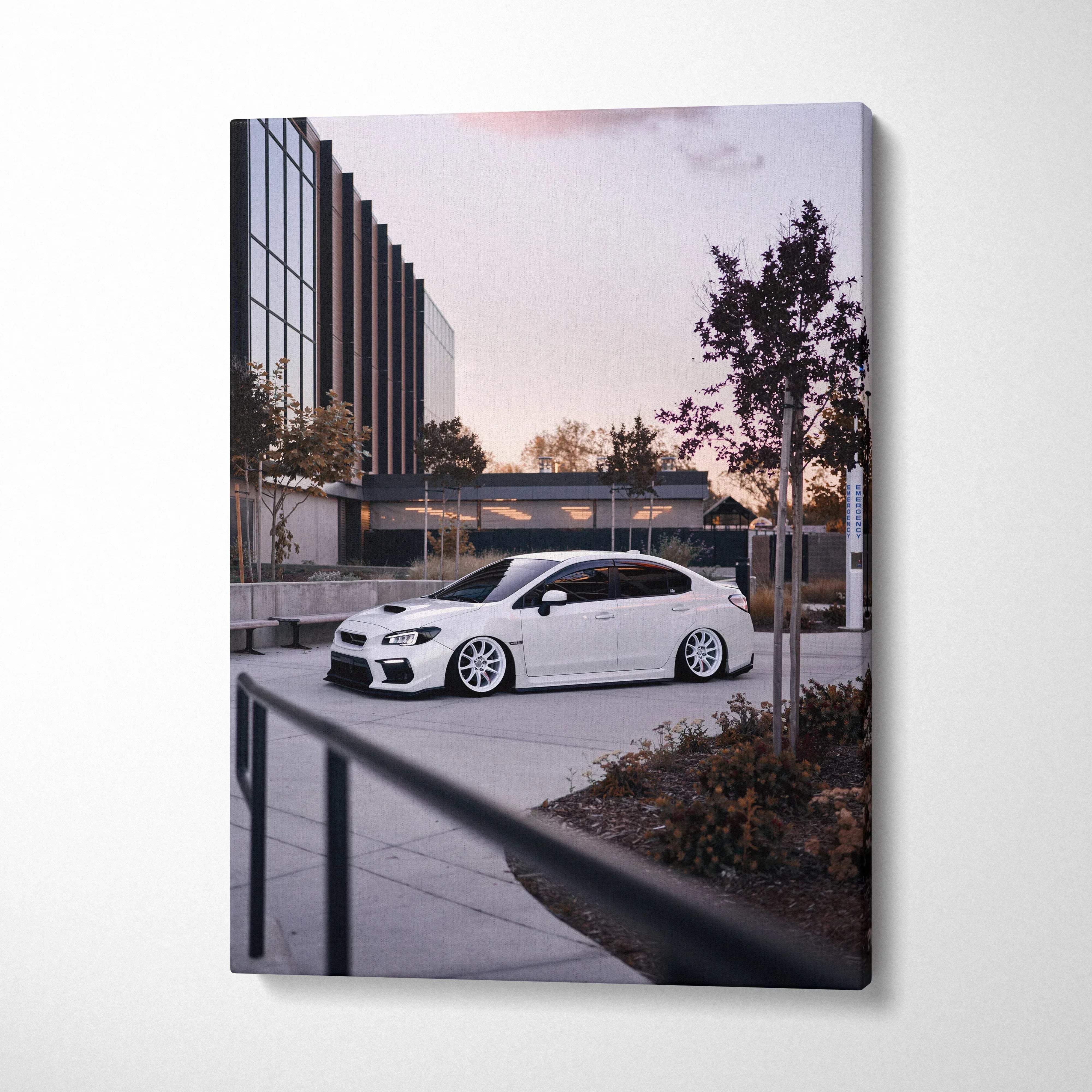 Subaru WRX white car parked outdoors wall art canvas print vertical canvas art.