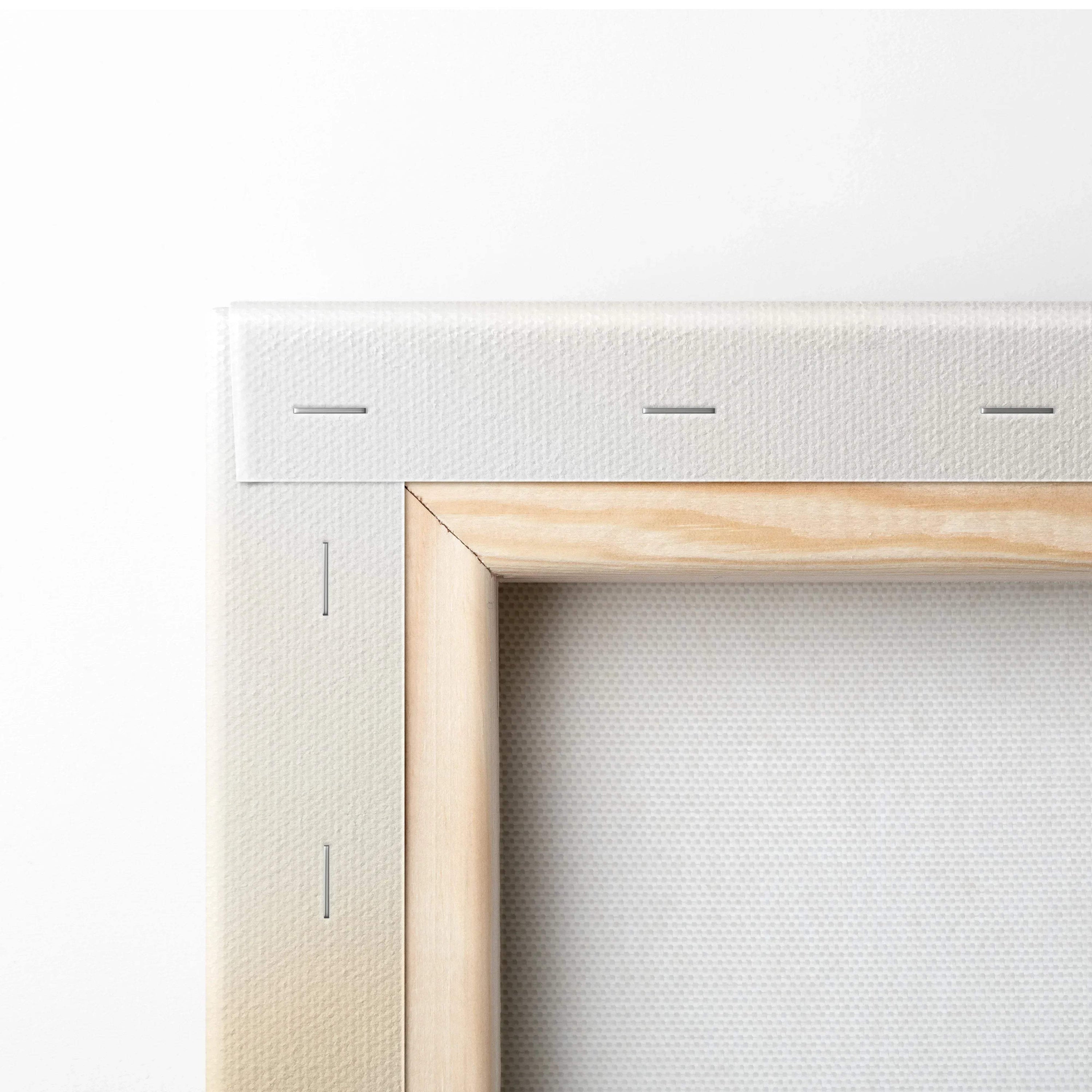 White stretched canvas wrapped around natural wood frame with visible staples on back.