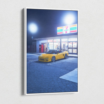 Vertical canvas wall art of a yellow Acura NSX parked at night outside a 7-Eleven store.
