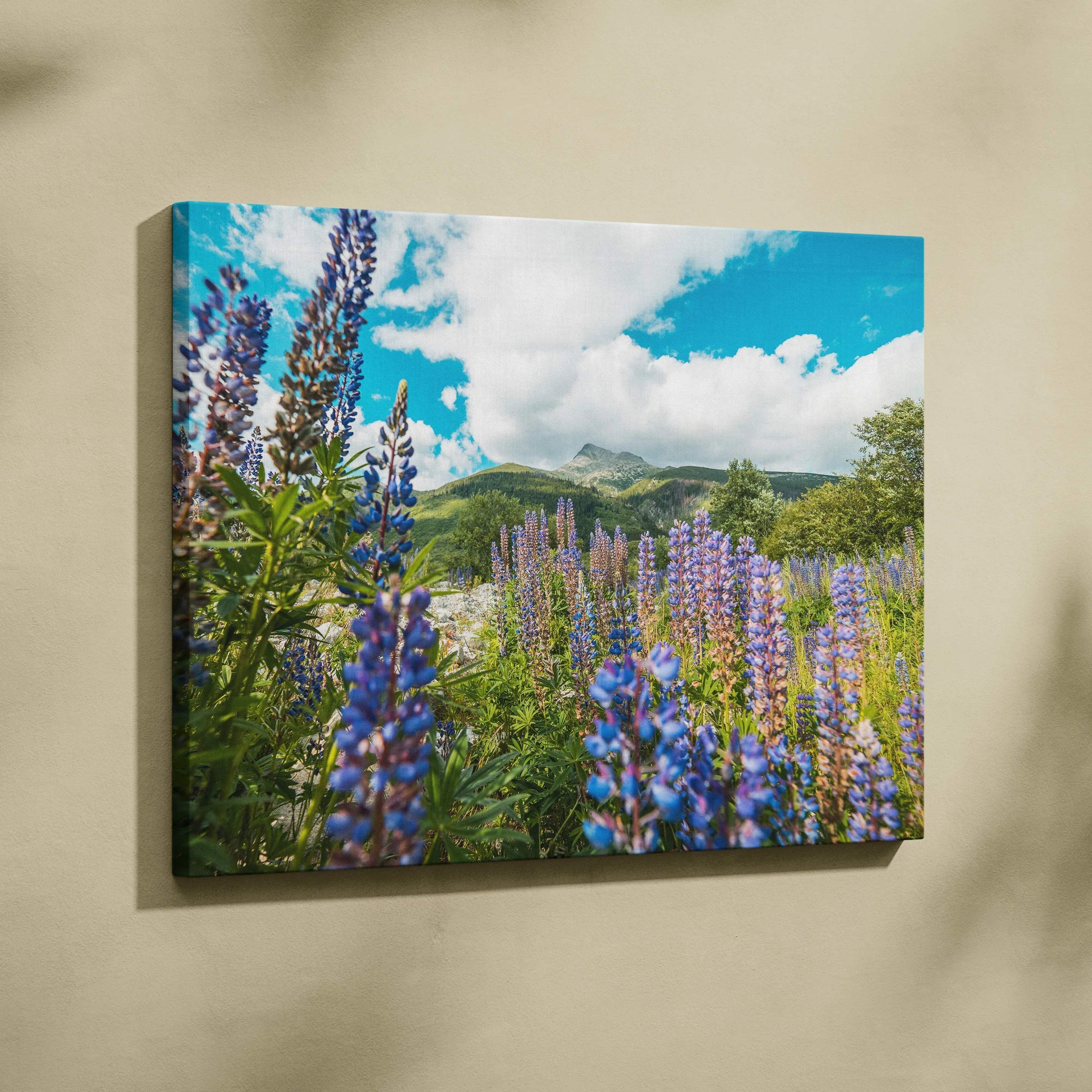 Vibrant canvas wall art featuring a high-resolution floral scene with purple lupines under blue sky and white clouds.