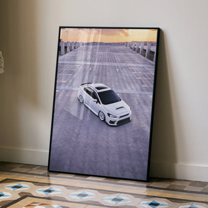 Subaru WRX car poster leaning against wall with sunset parking lot background wall art.