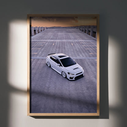 Subaru WRX car poster wall art featuring a white WRX on rooftop parking lot in muted tones.
