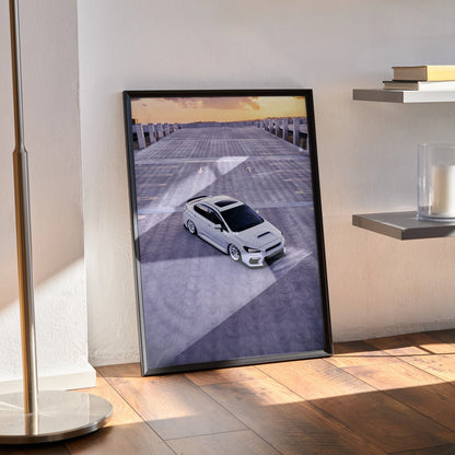 Subaru WRX poster wall art featuring a white WRX car on textured asphalt under a sunset sky.