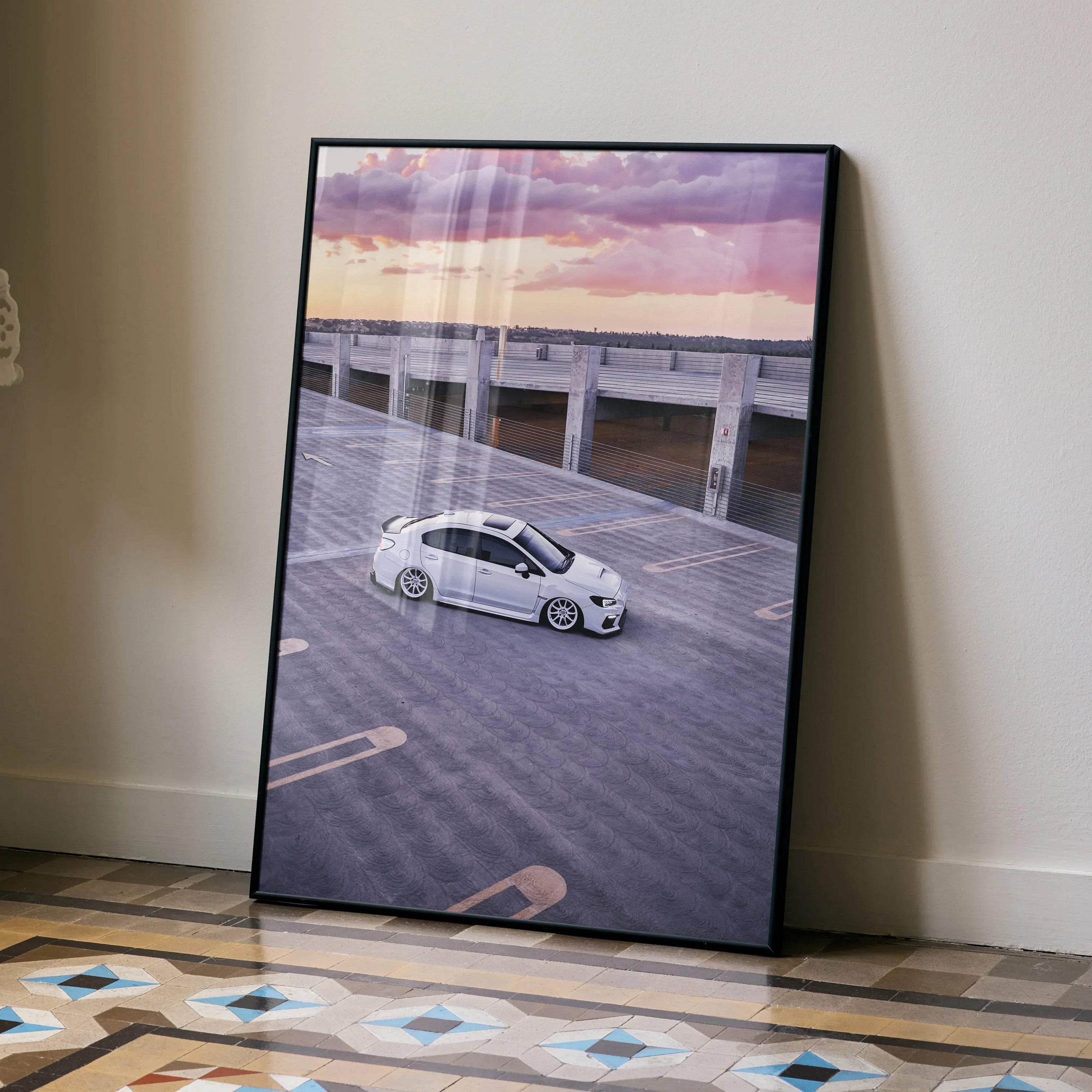 Subaru WRX parked on wooden pier at sunset poster wall art with purple and orange sky.